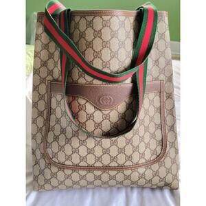 Vintage Gucci Sherry Line GG Brown/Beige PVC and Leather Tote/Shoulder Bag